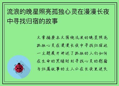流浪的晚星照亮孤独心灵在漫漫长夜中寻找归宿的故事